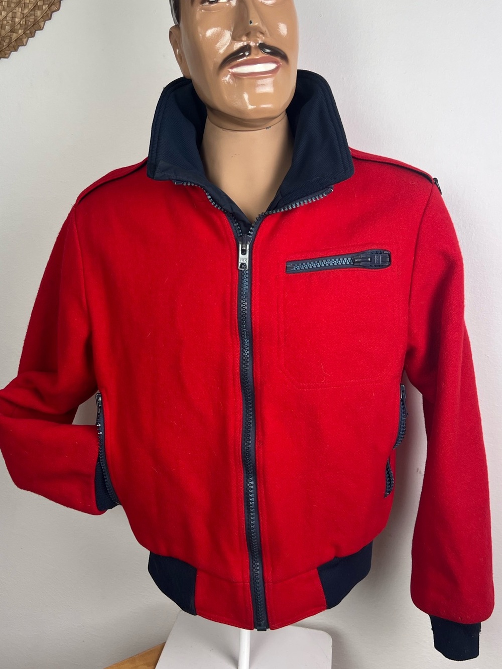 ROFFE Skiwear 80’s Vintage Men's Red Wool Navy Blue Zip-Front Bomber Jacket S M
